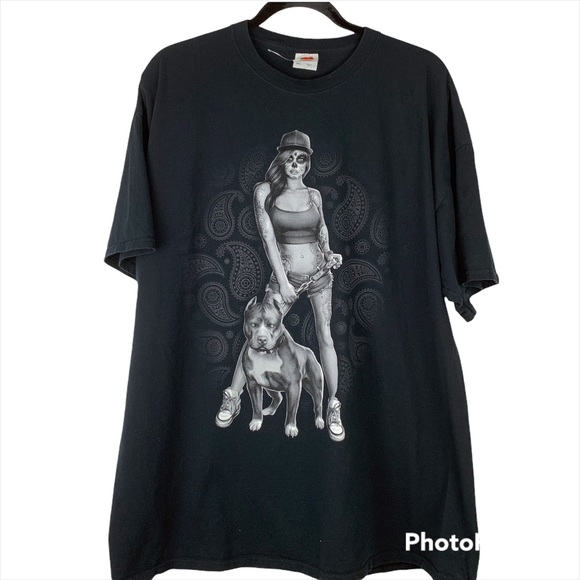 Fruit of the Loom Other - 2/$15 Tattoo Art Sexy Girl Pitbull Black Graphic T Shirt Mens 2XL